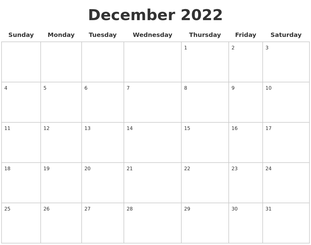 December 2022 Blank Calendar Pages