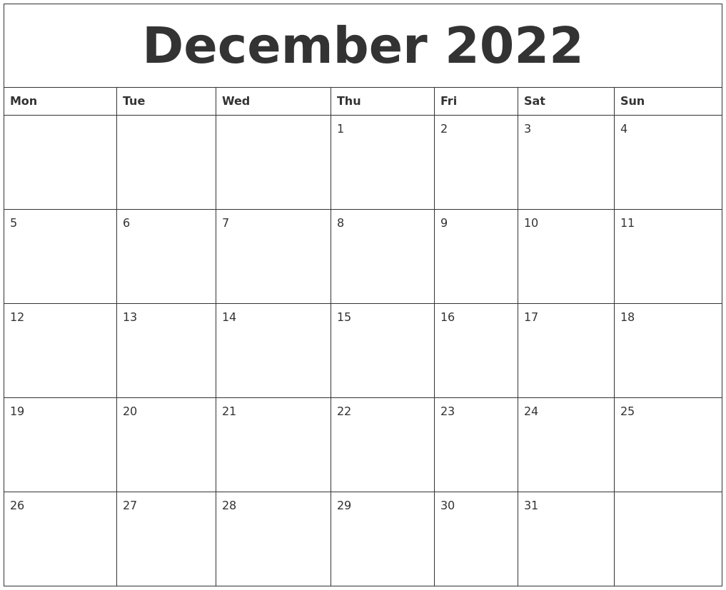 December 2022 Calendar Monthly