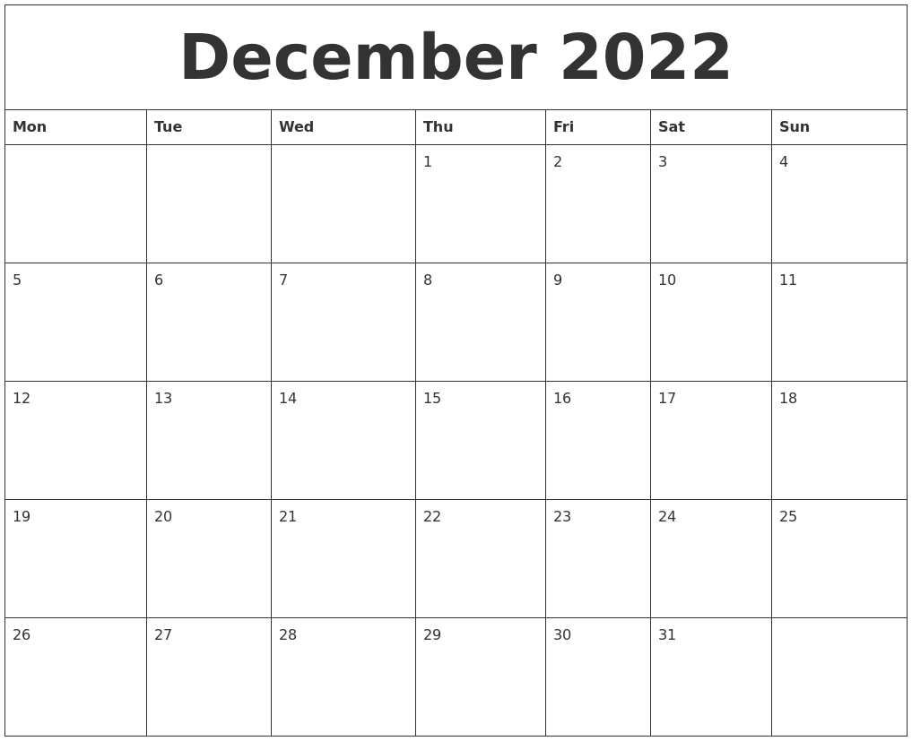 December 2022 Printable Calendar Free