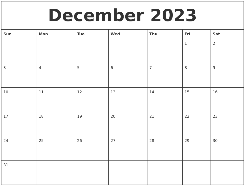 December 2023 Calendar Free Printable