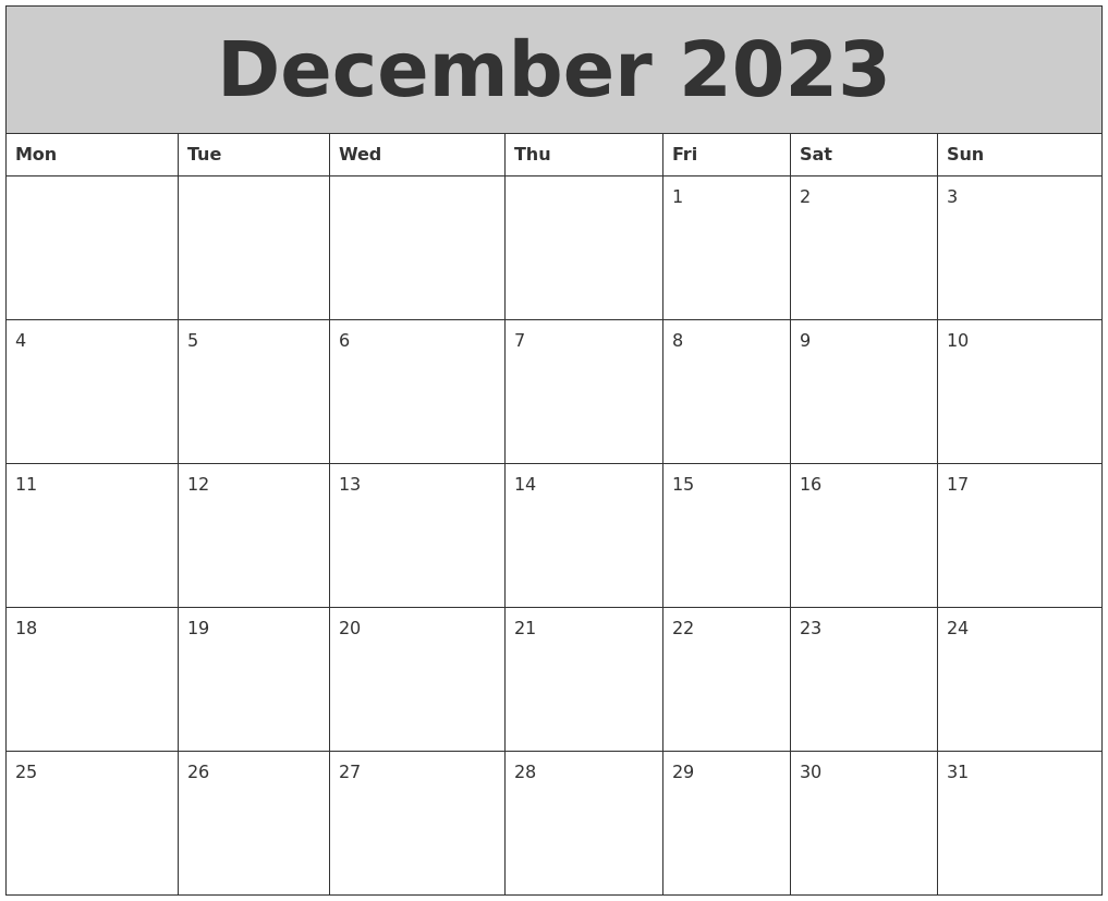 December 2023 My Calendar