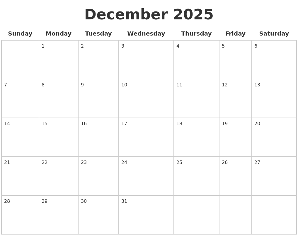 December 2025 Blank Calendar Pages