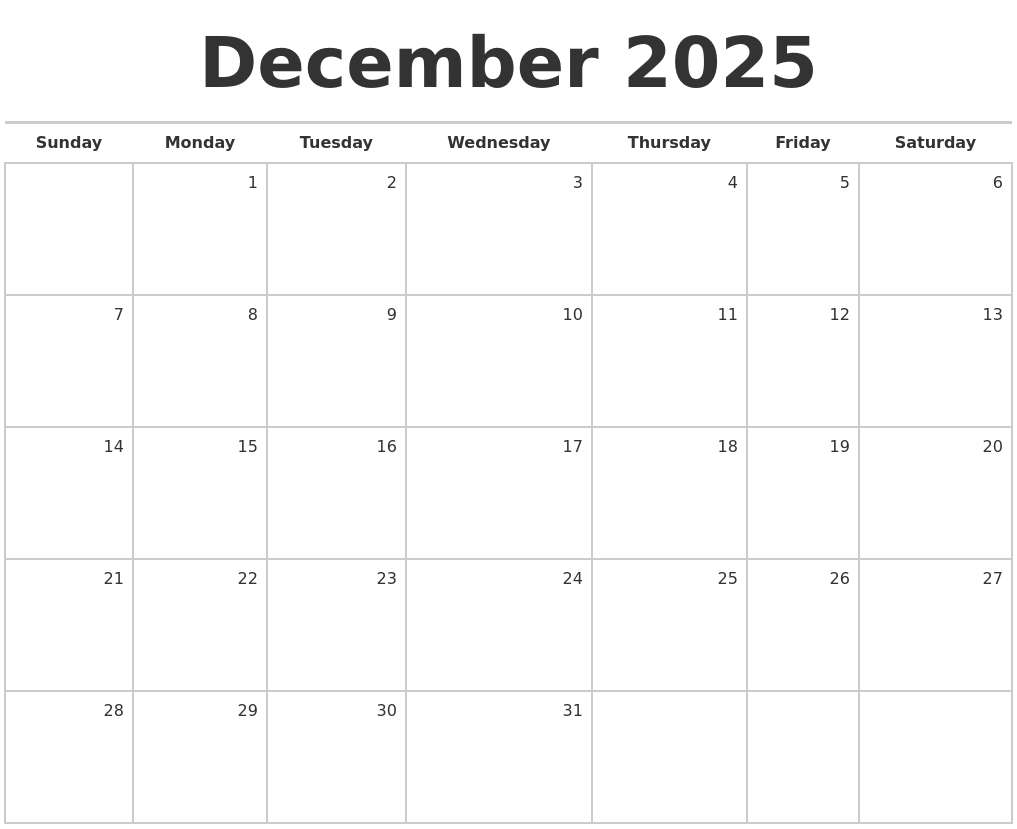 Free Printable Monthly Calendar Dec 2025 