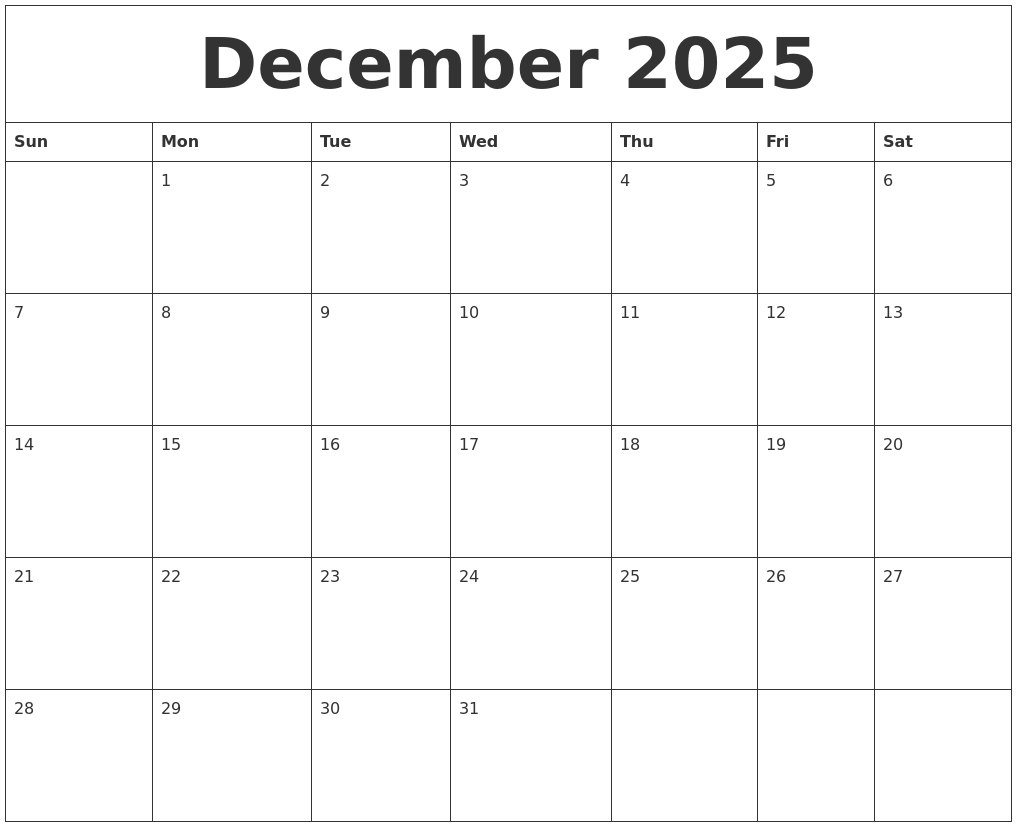 December 2025 Online Calendar Template