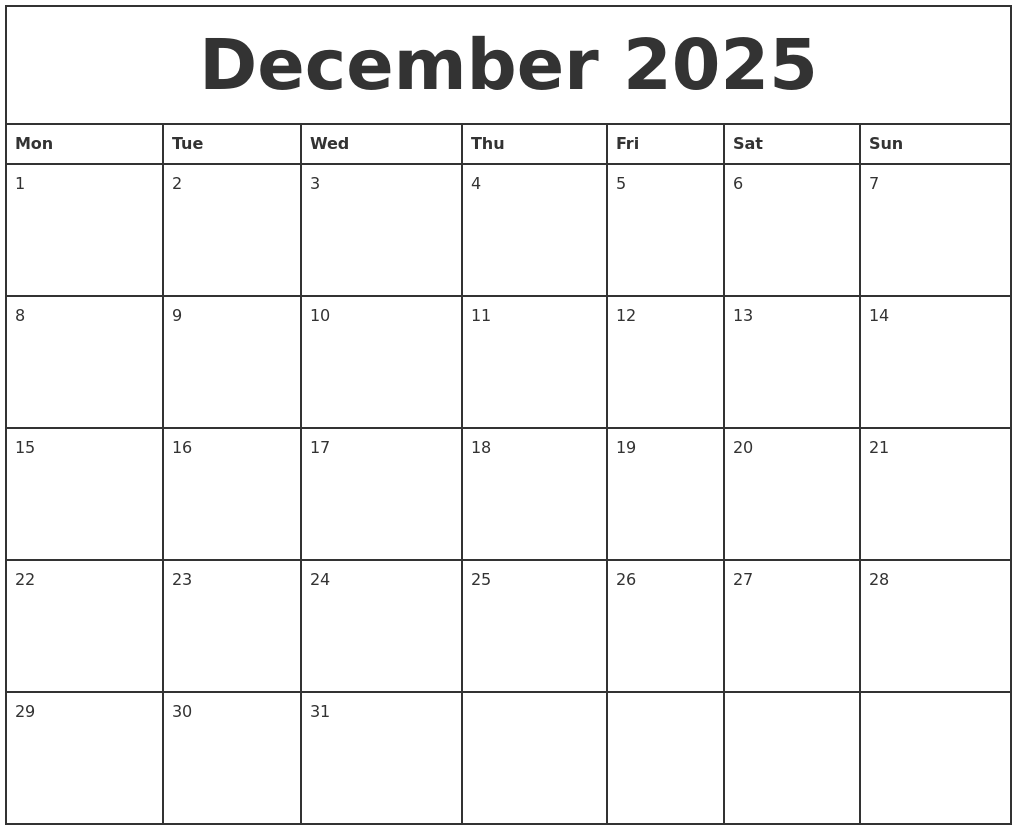 December 2025 Printable Monthly Calendar
