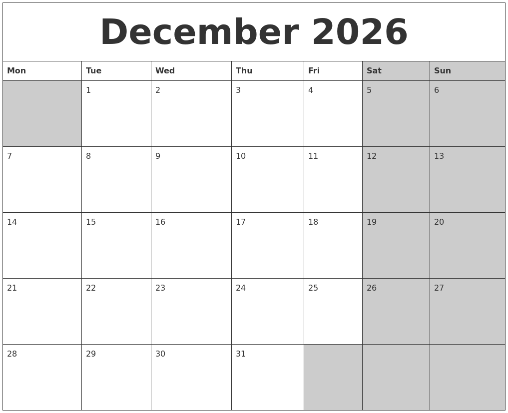 December 2026 Calanders