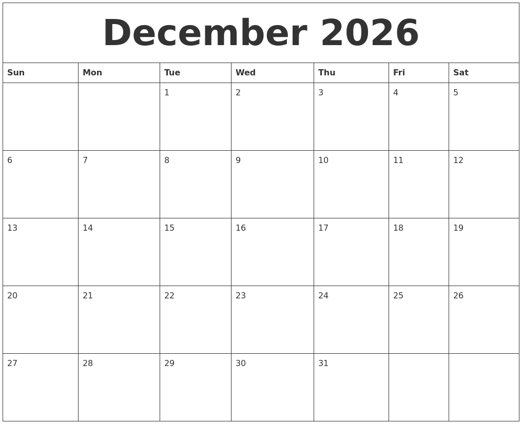 December 2026 Calendar Free Printable