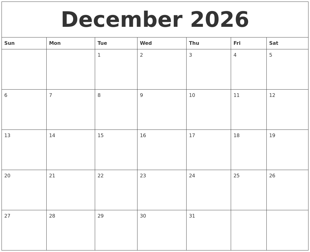 December 2026 Calendar Printable Free