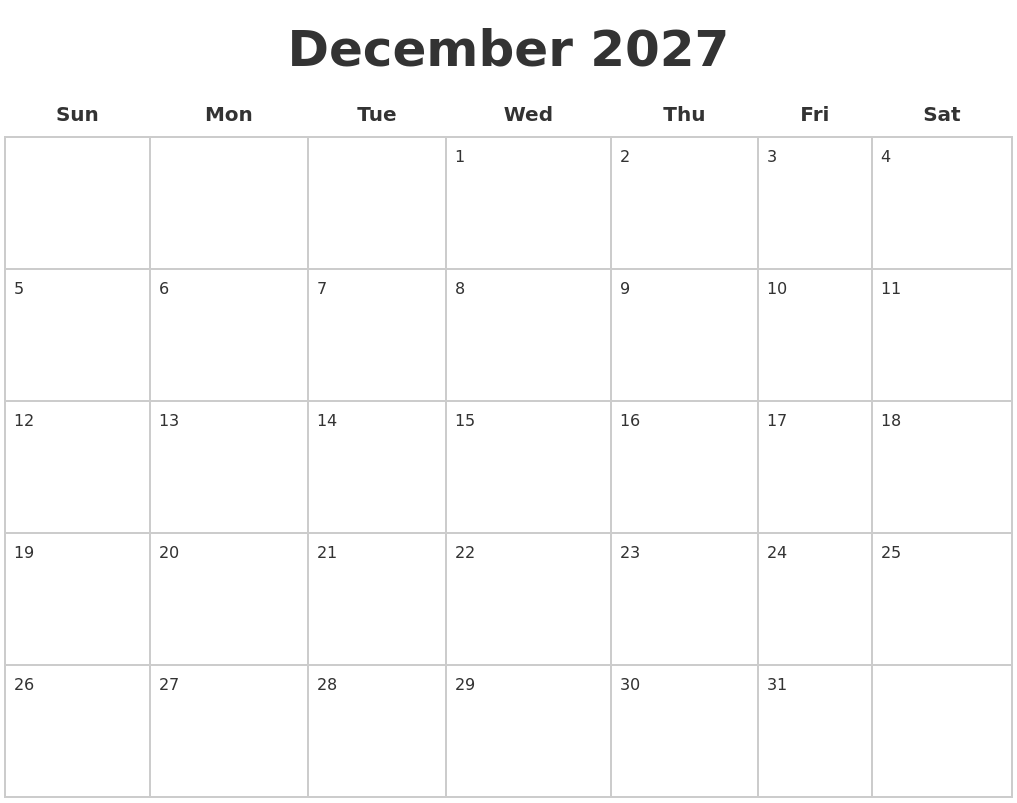December 2027 Blank Calendar Pages