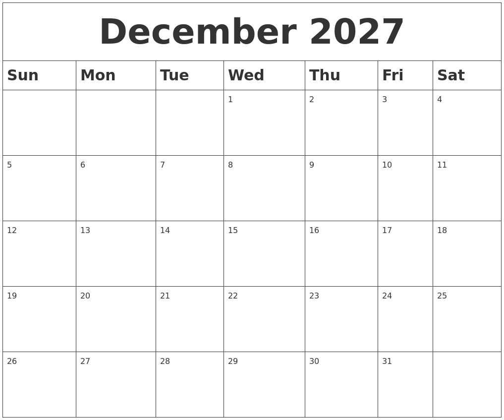 December 2027 Blank Calendar