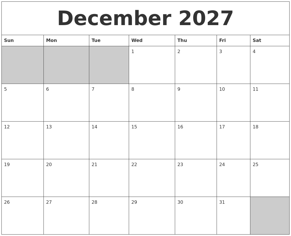 December 2027 Blank Printable Calendar