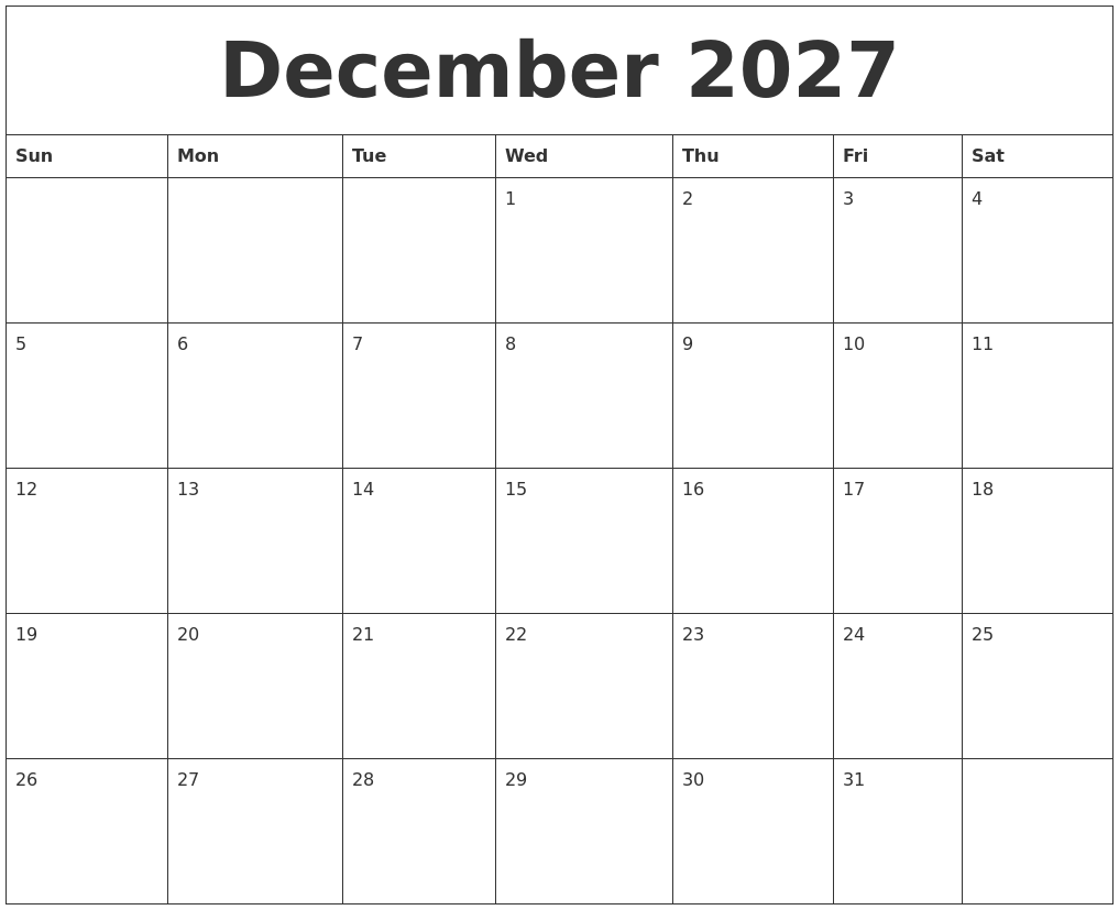 December 2027 Free Printable Calenders