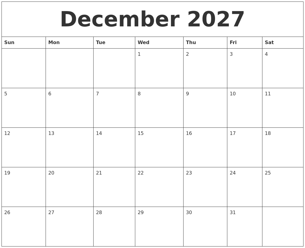 December 2027 Large Printable Calendar