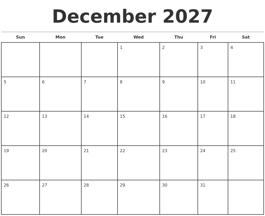 December 2027 Monthly Calendar Template