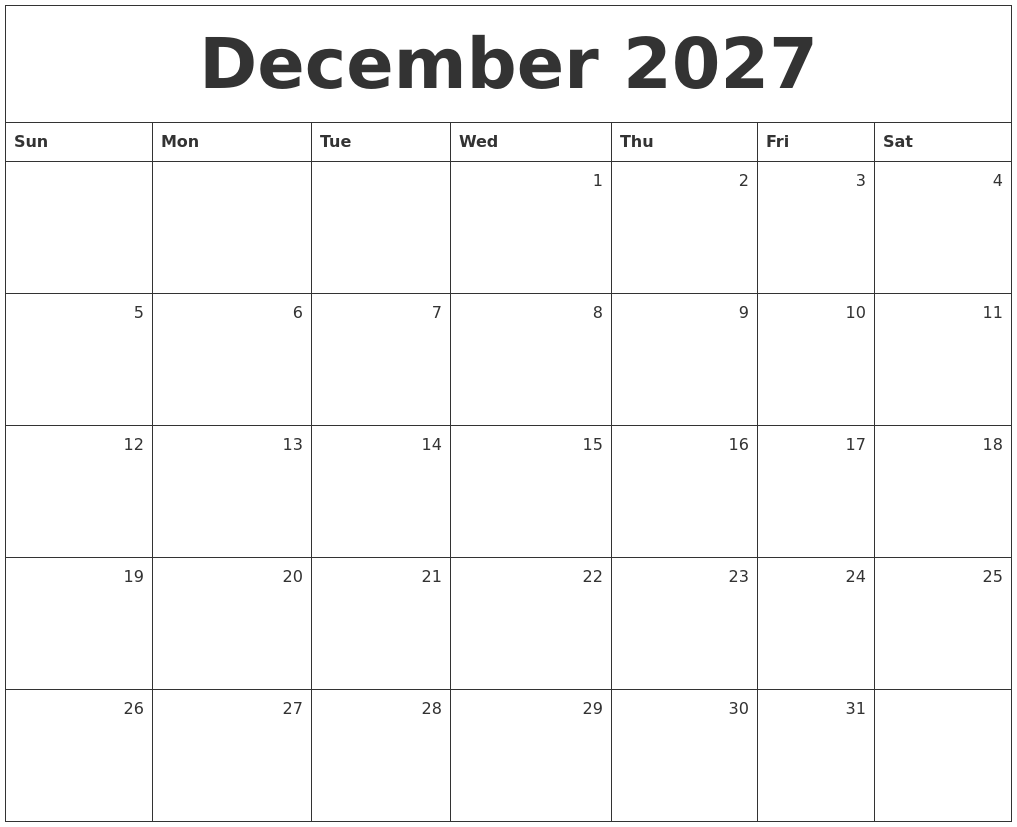 December 2027 Monthly Calendar