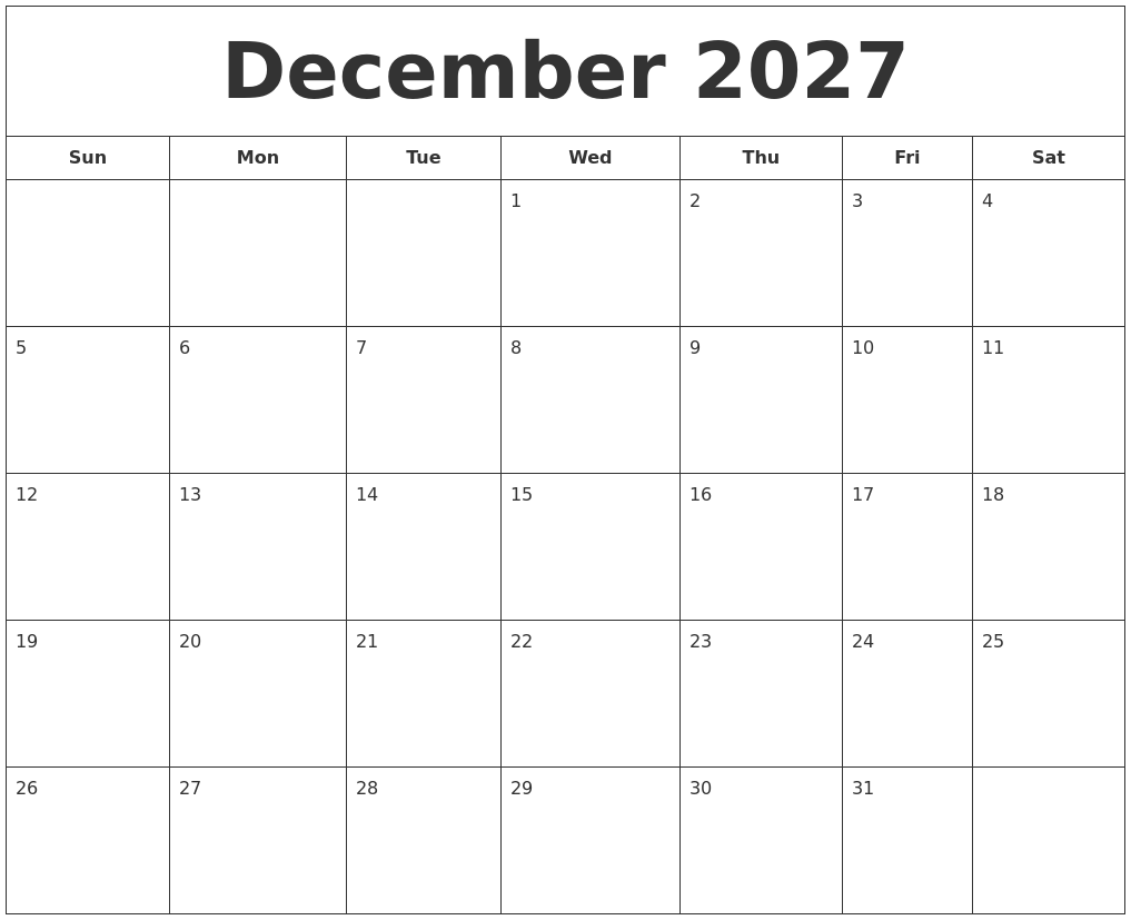 December 2027 Printable Calendar