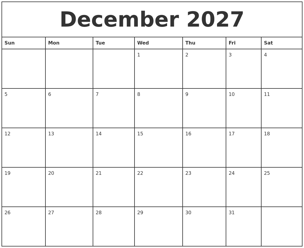 December 2027 Printable Monthly Calendar