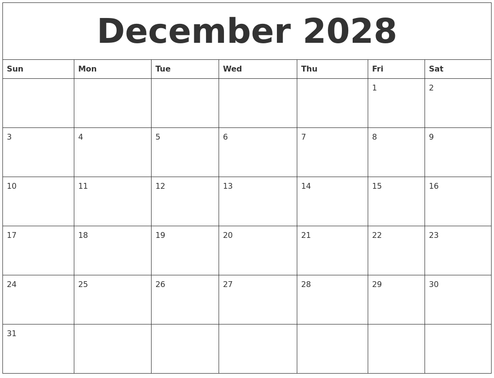 December 2028 Blank Monthly Calendar Template