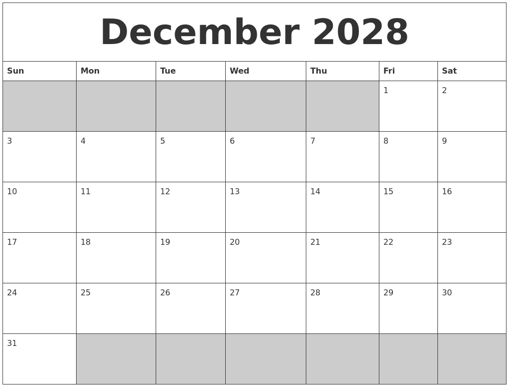 December 2028 Blank Printable Calendar