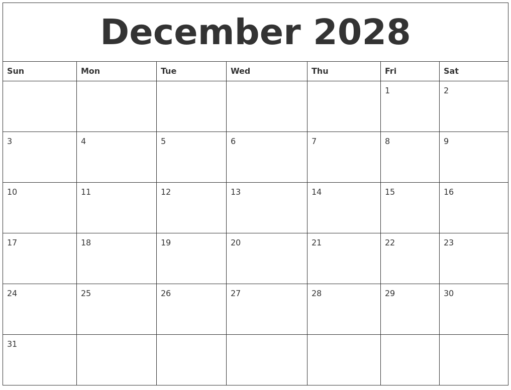 December 2028 Calendar For Printing