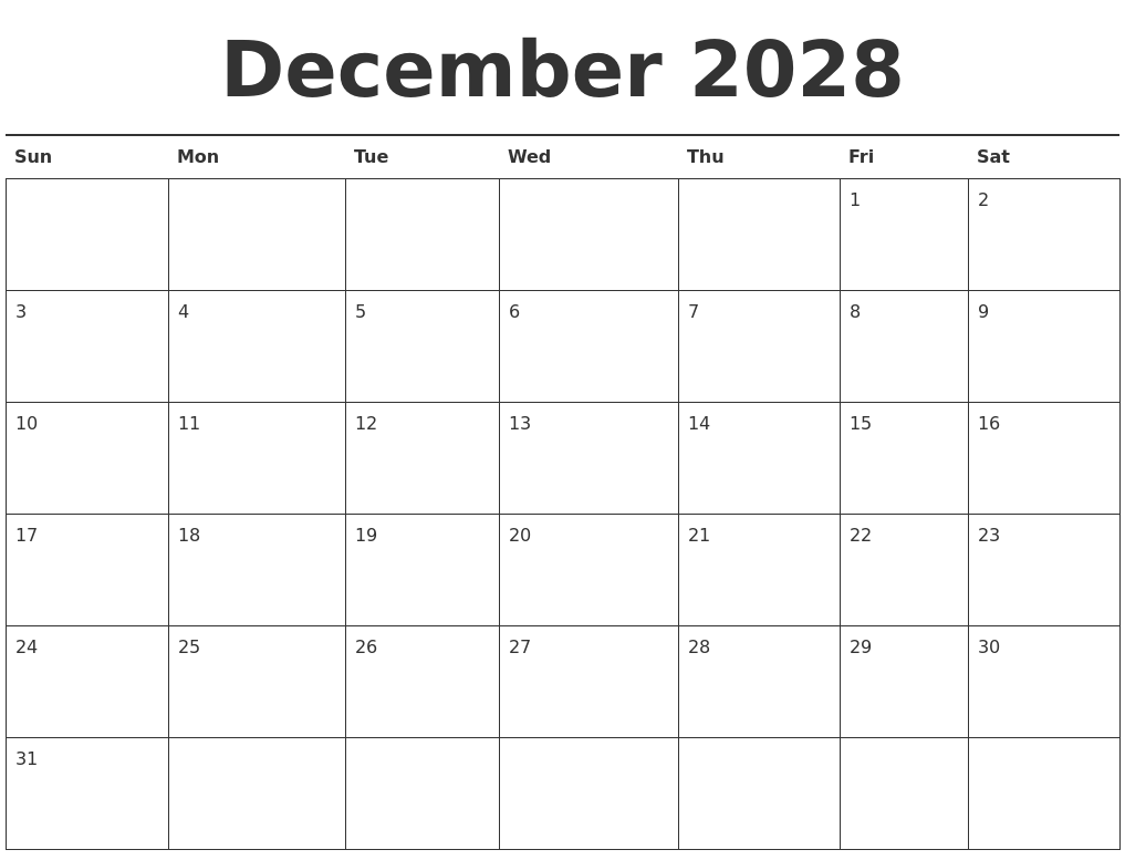 December 2028 Calendar Printable