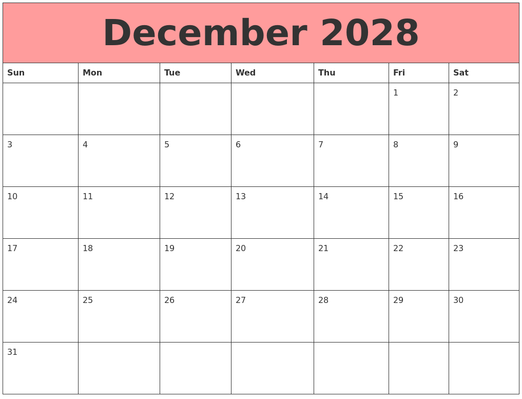 December 2028 Calendars That Work