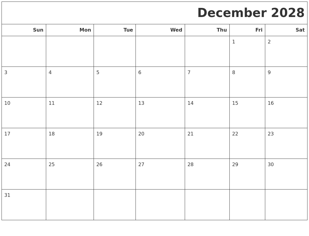 December 2028 Calendars To Print