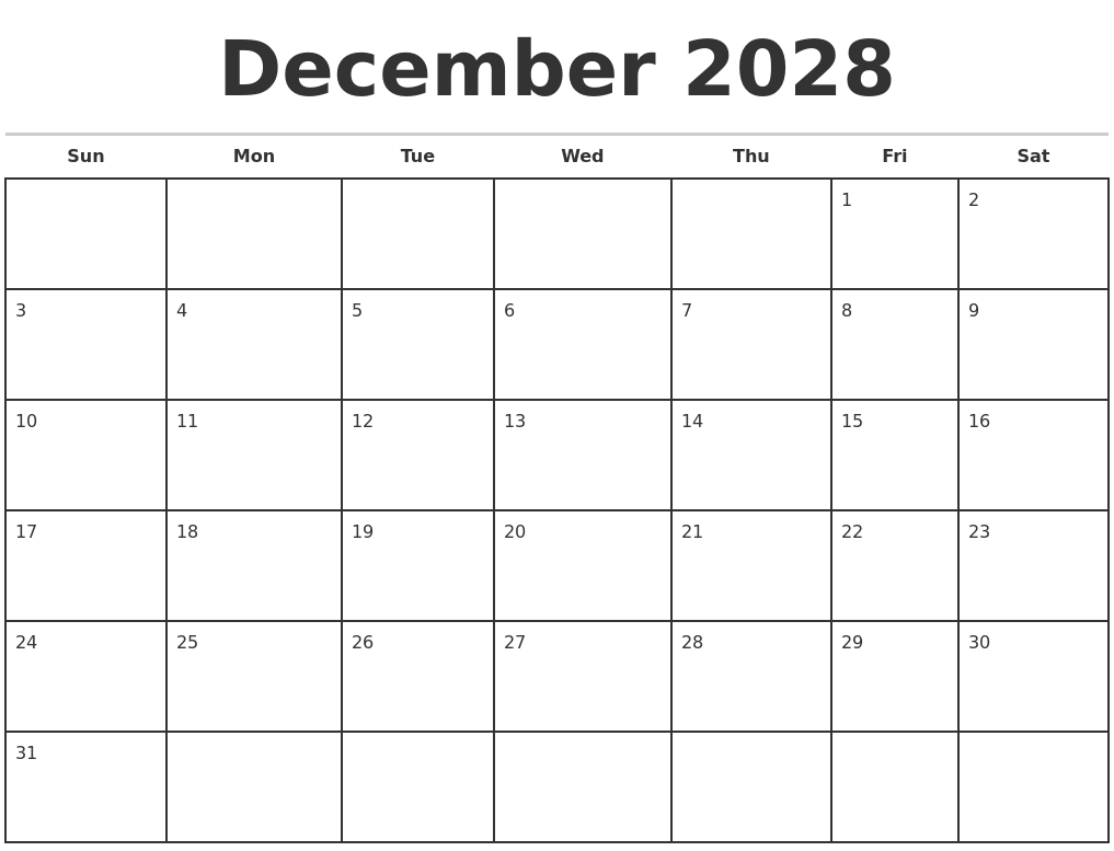 December 2028 Monthly Calendar Template