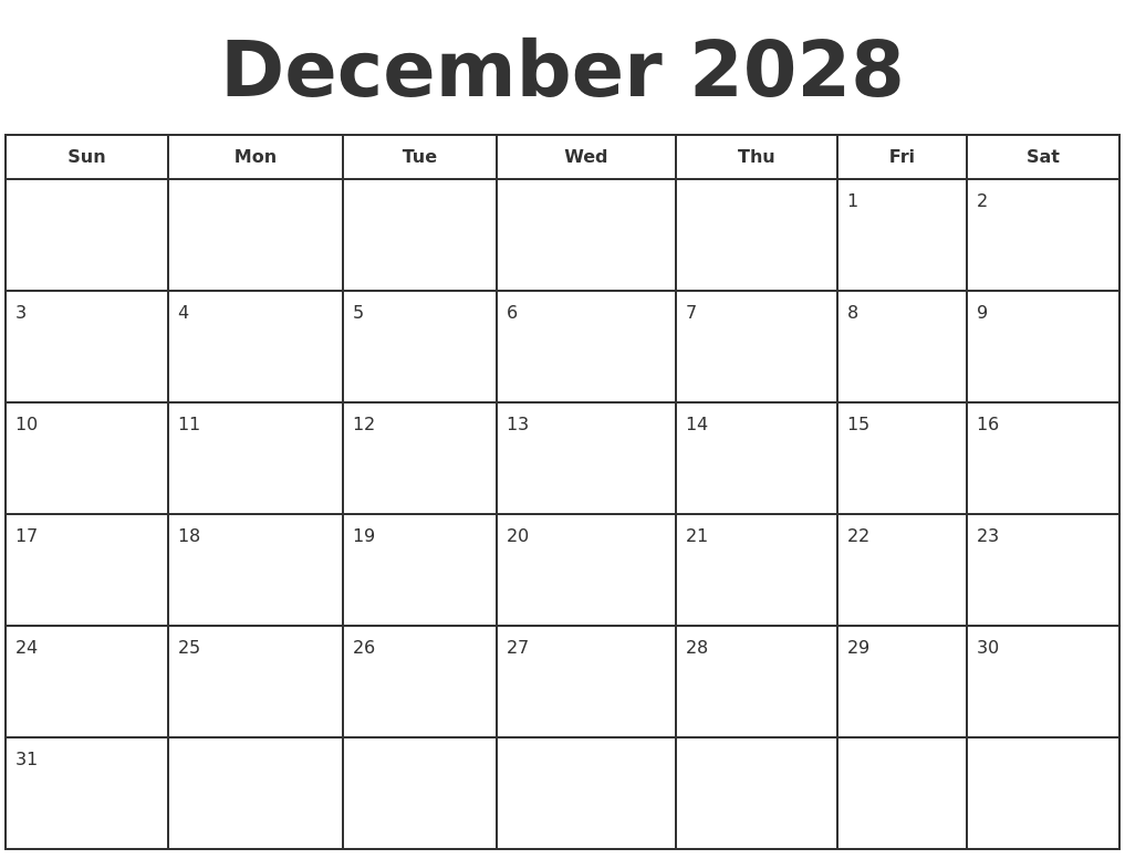 December 2028 Print A Calendar