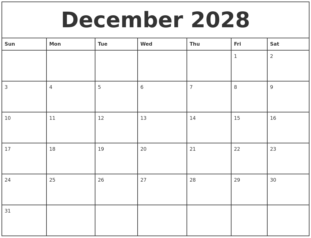 December 2028 Printable Monthly Calendar