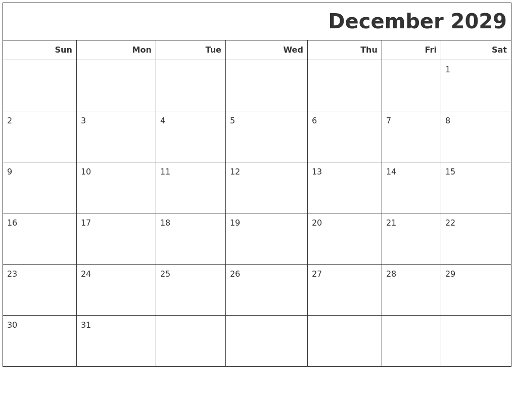 December 2029 Calendars To Print