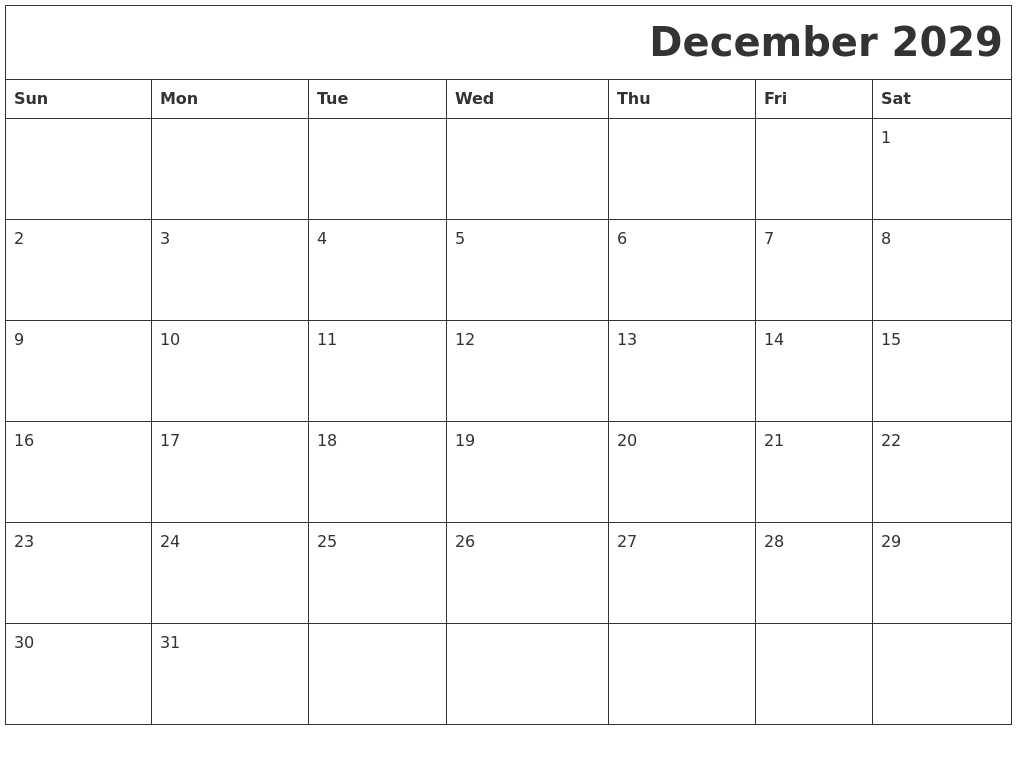 December 2029 Download Calendar