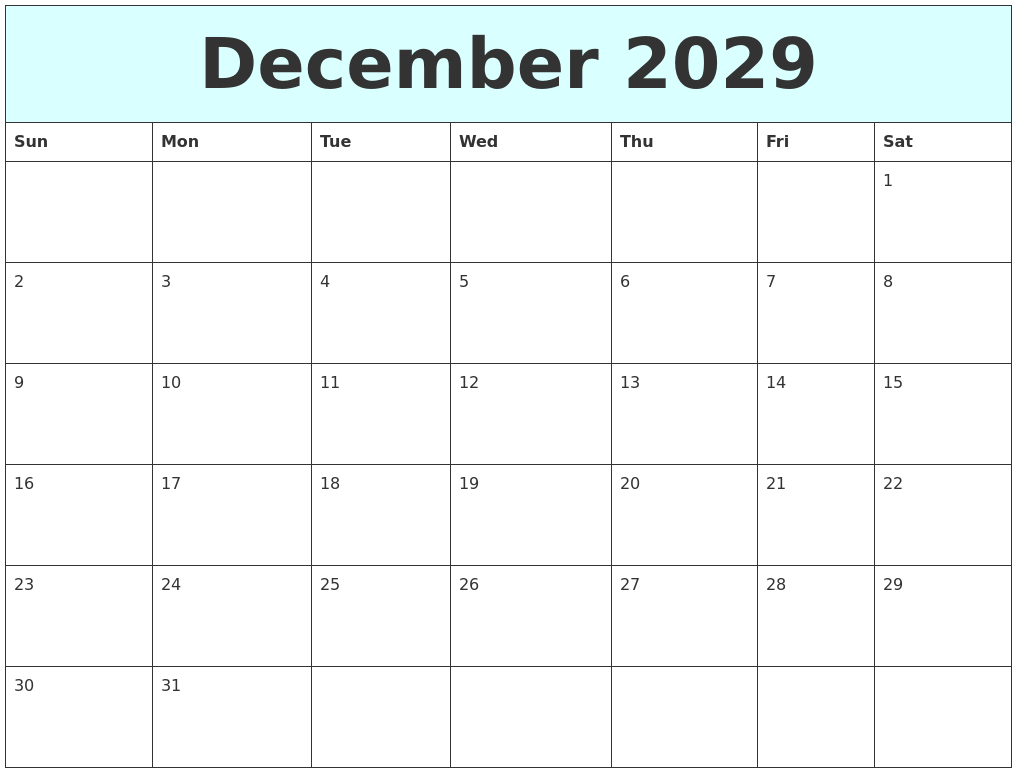 December 2029 Free Calendar