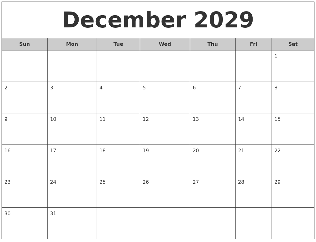 December 2029 Free Monthly Calendar