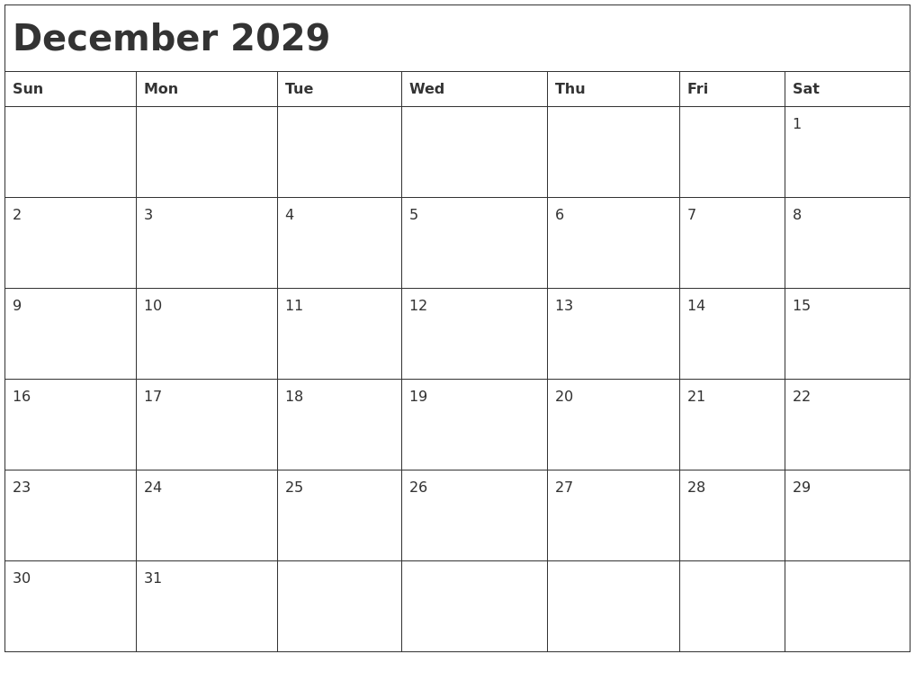 December 2029 Month Calendar