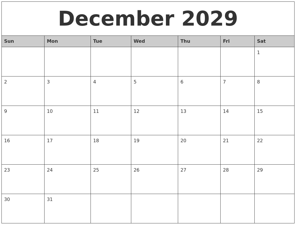 December 2029 Monthly Calendar Printable