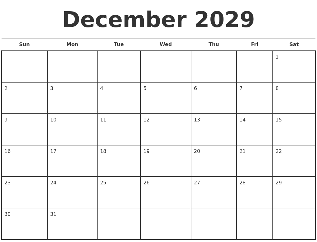 December 2029 Monthly Calendar Template