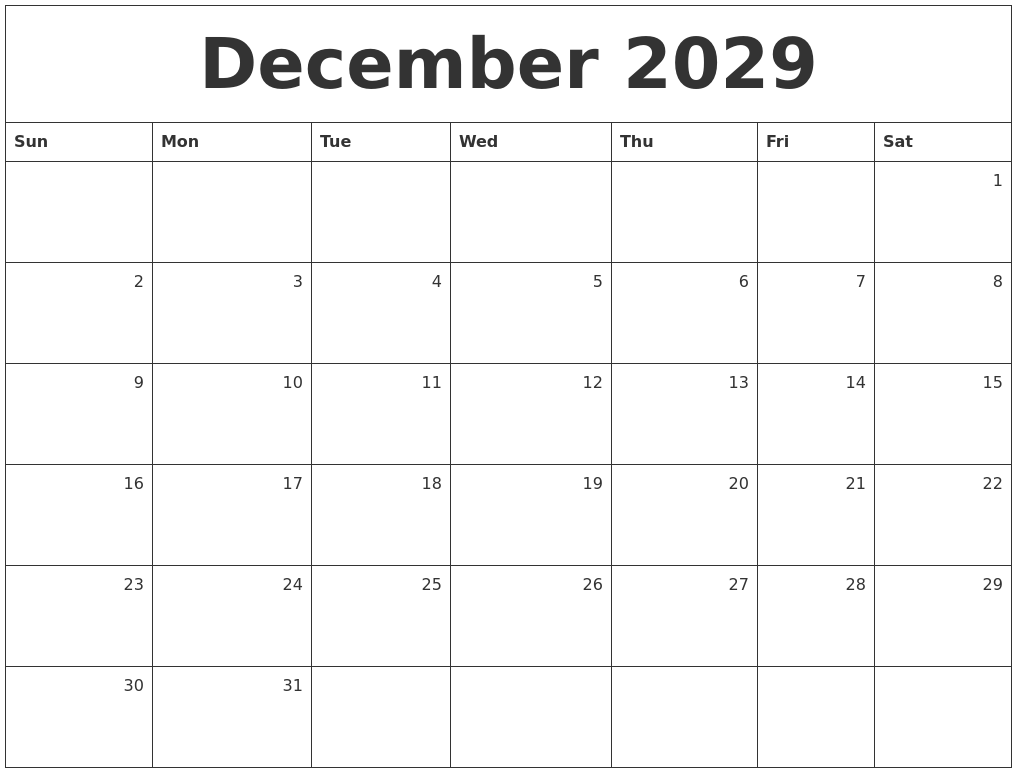 December 2029 Monthly Calendar
