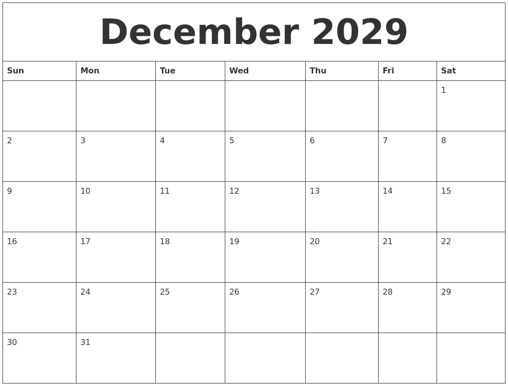 December 2029 Print Out Calendar