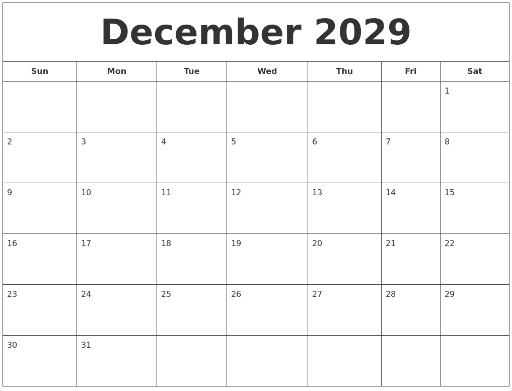December 2029 Printable Calendar