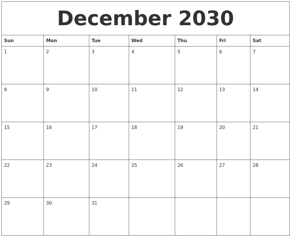 December 2030 Birthday Calendar Template