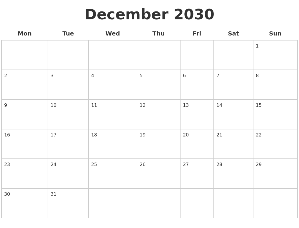 December 2030 Blank Calendar Pages