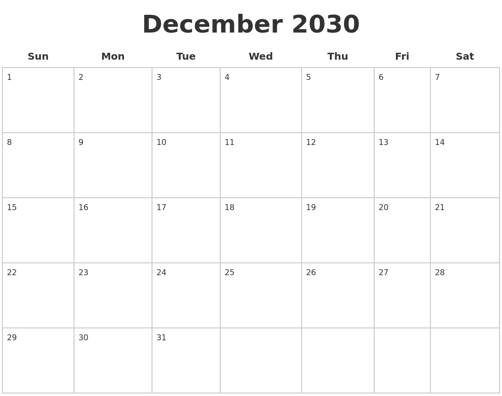 December 2030 Blank Calendar Pages