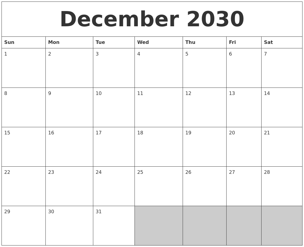 December 2030 Blank Printable Calendar