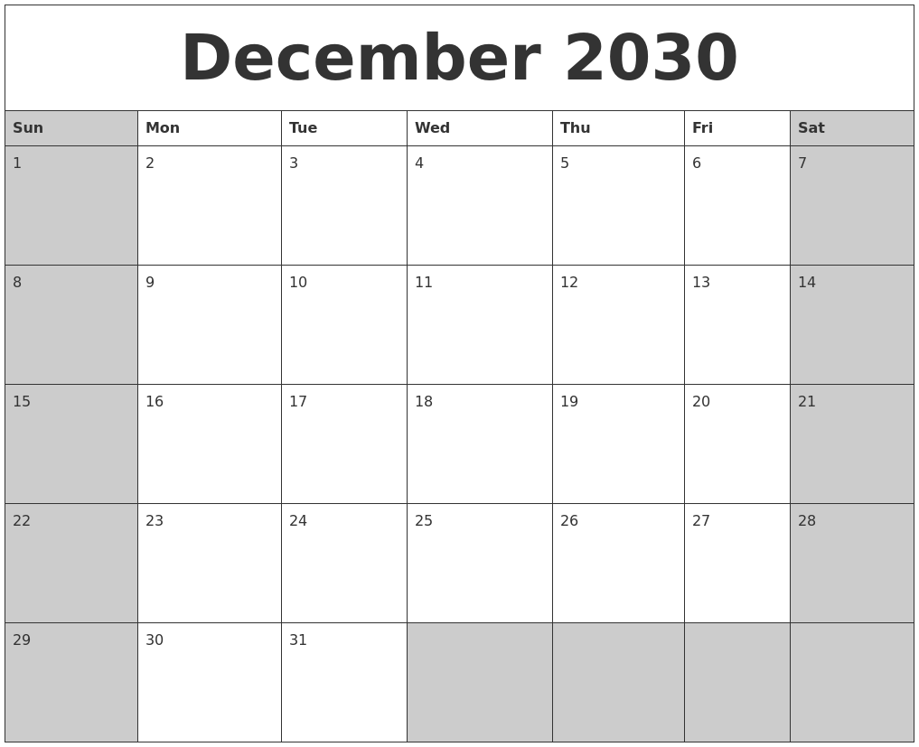 December 2030 Calanders