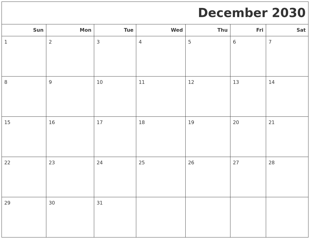 December 2030 Calendars To Print