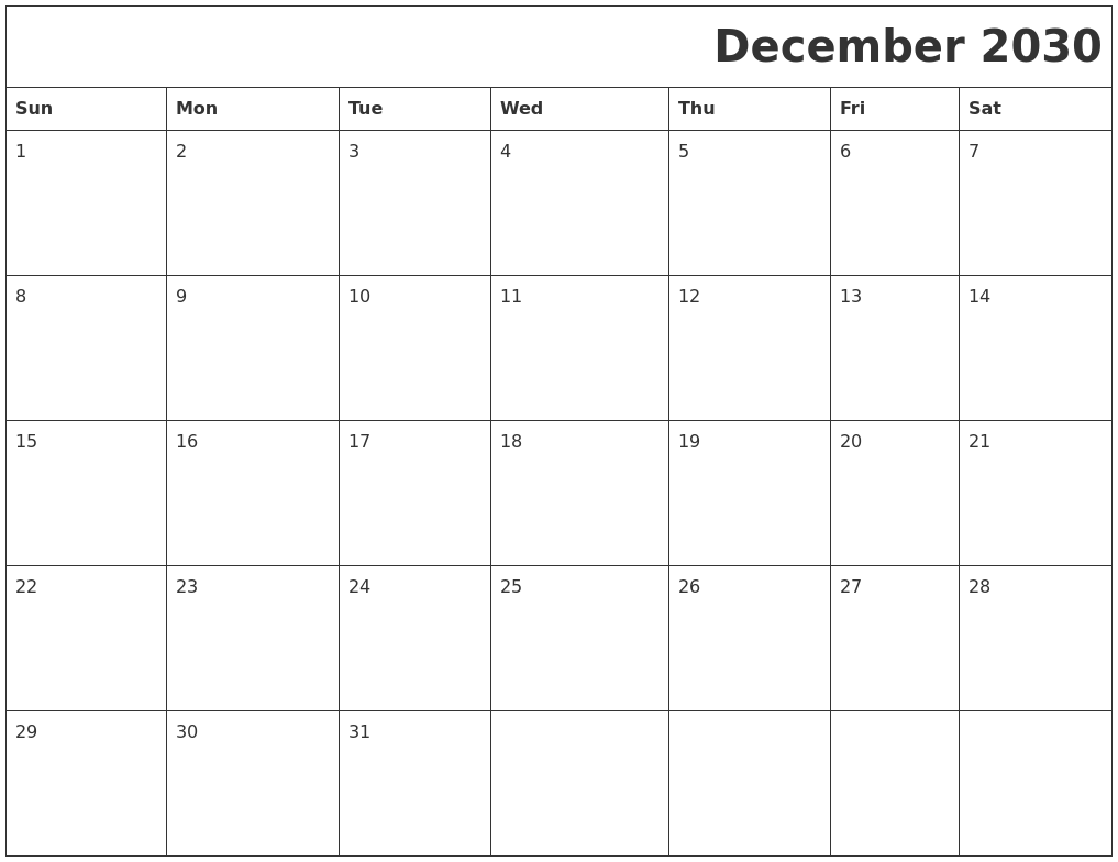 December 2030 Download Calendar