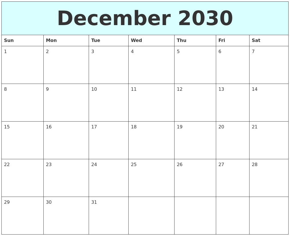 December 2030 Free Calendar