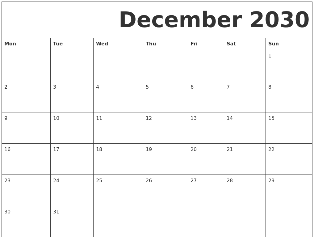 December 2030 Free Printable Calendar