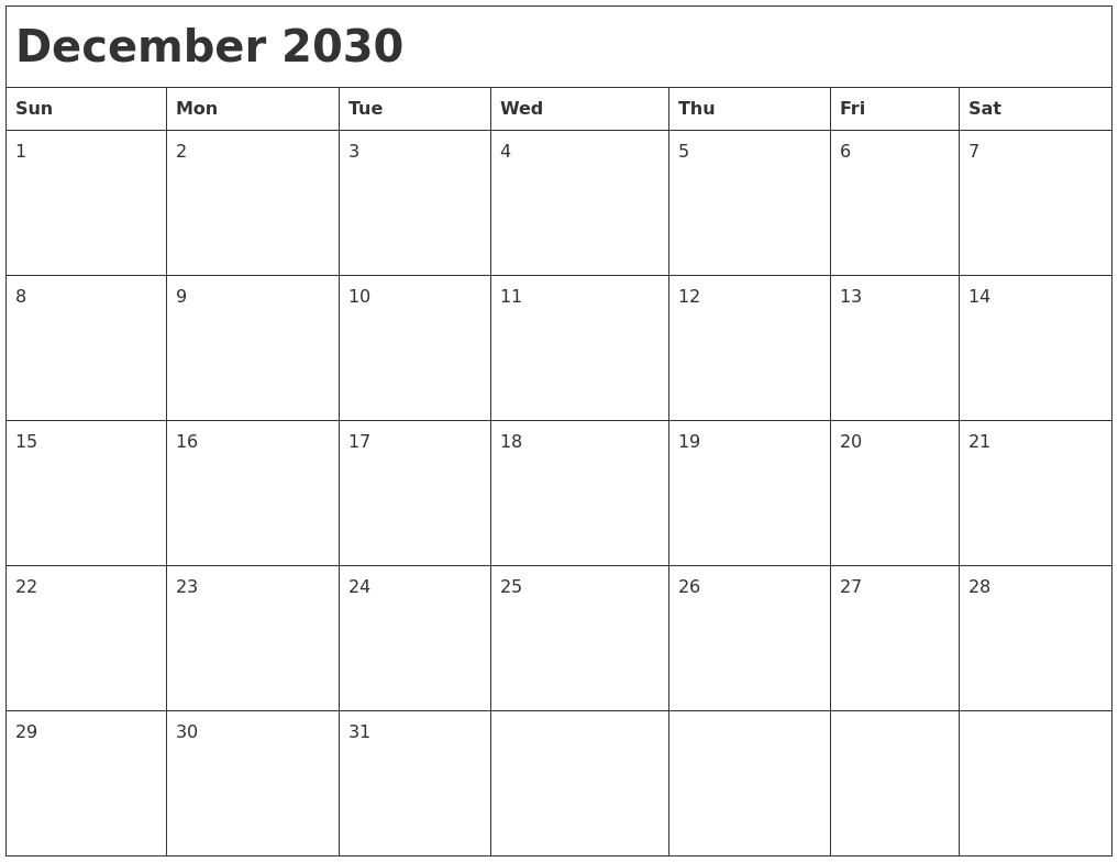 December 2030 Month Calendar
